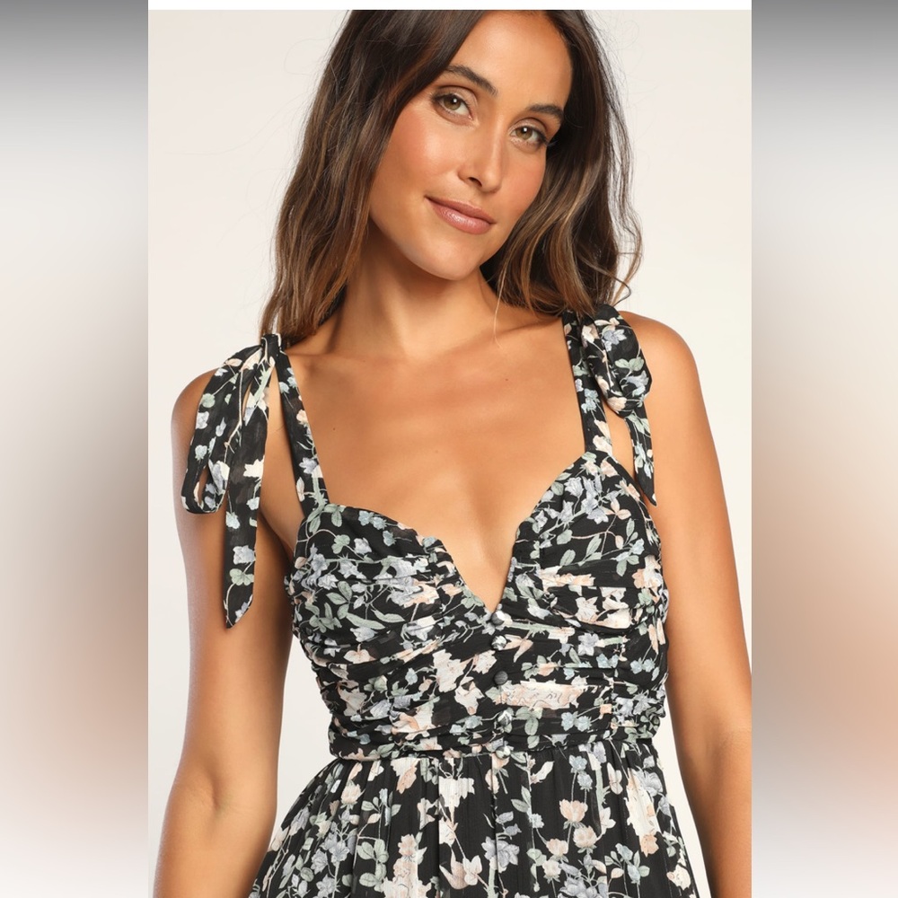 Lulus Lush Loveliness black floral lurex tie-strap midi dress